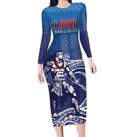 Samoa Manuia le Aso Tuto'atasi Siapo Motif Long Sleeve Bodycon Dress Warrior with Nifo Oti LT7 Long Dress Blue - Polynesian Pride