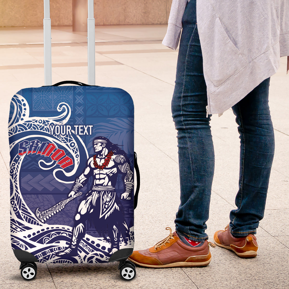 Samoa Manuia le Aso Tuto'atasi Siapo Motif Luggage Cover Warrior with Nifo Oti LT7 Blue - Polynesian Pride