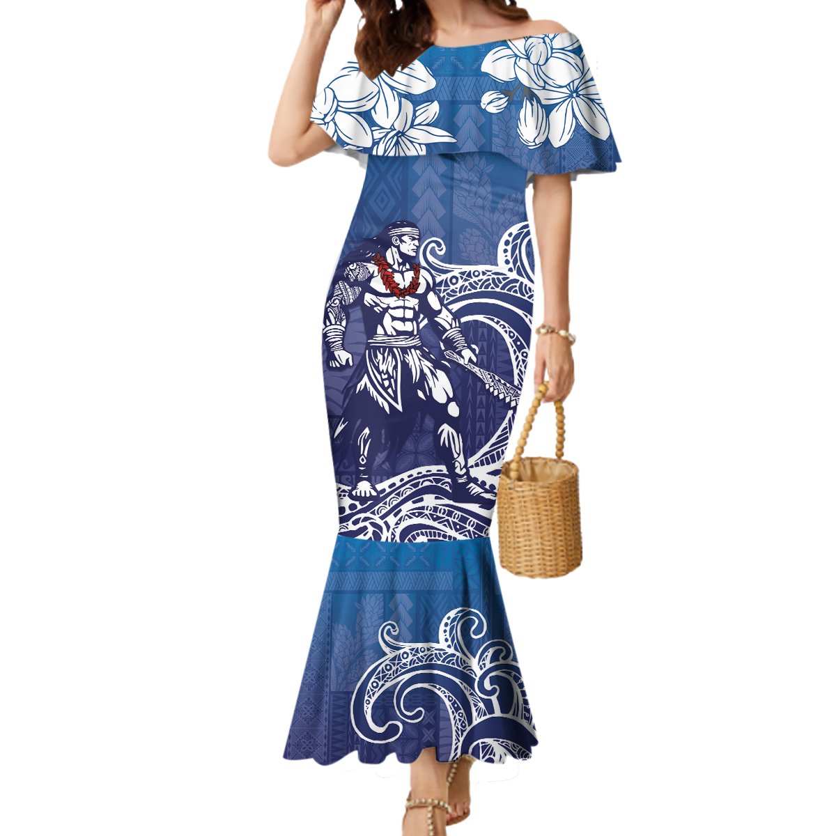 Samoa Manuia le Aso Tuto'atasi Siapo Motif Mermaid Dress Warrior with Nifo Oti LT7 Women Blue - Polynesian Pride