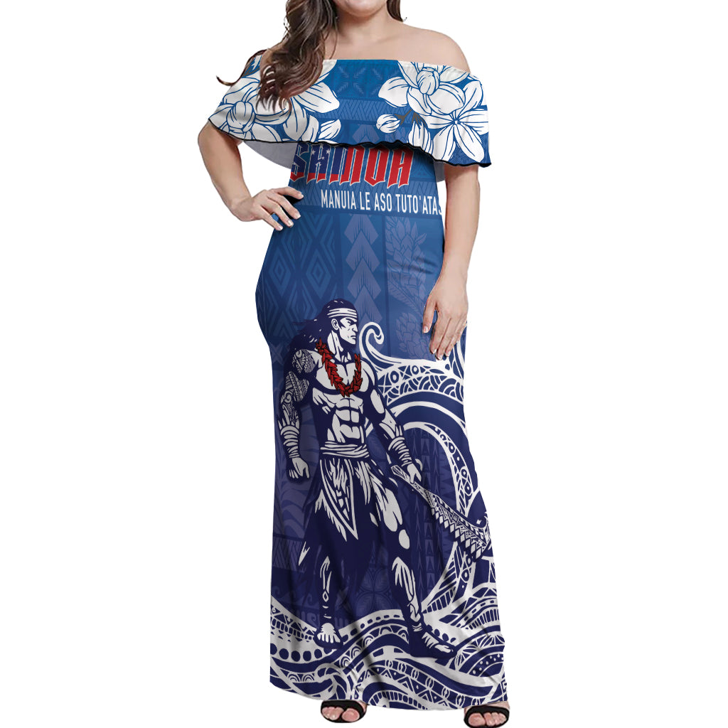 Samoa Manuia le Aso Tuto'atasi Siapo Motif Off Shoulder Maxi Dress Warrior with Nifo Oti LT7 Women Blue - Polynesian Pride