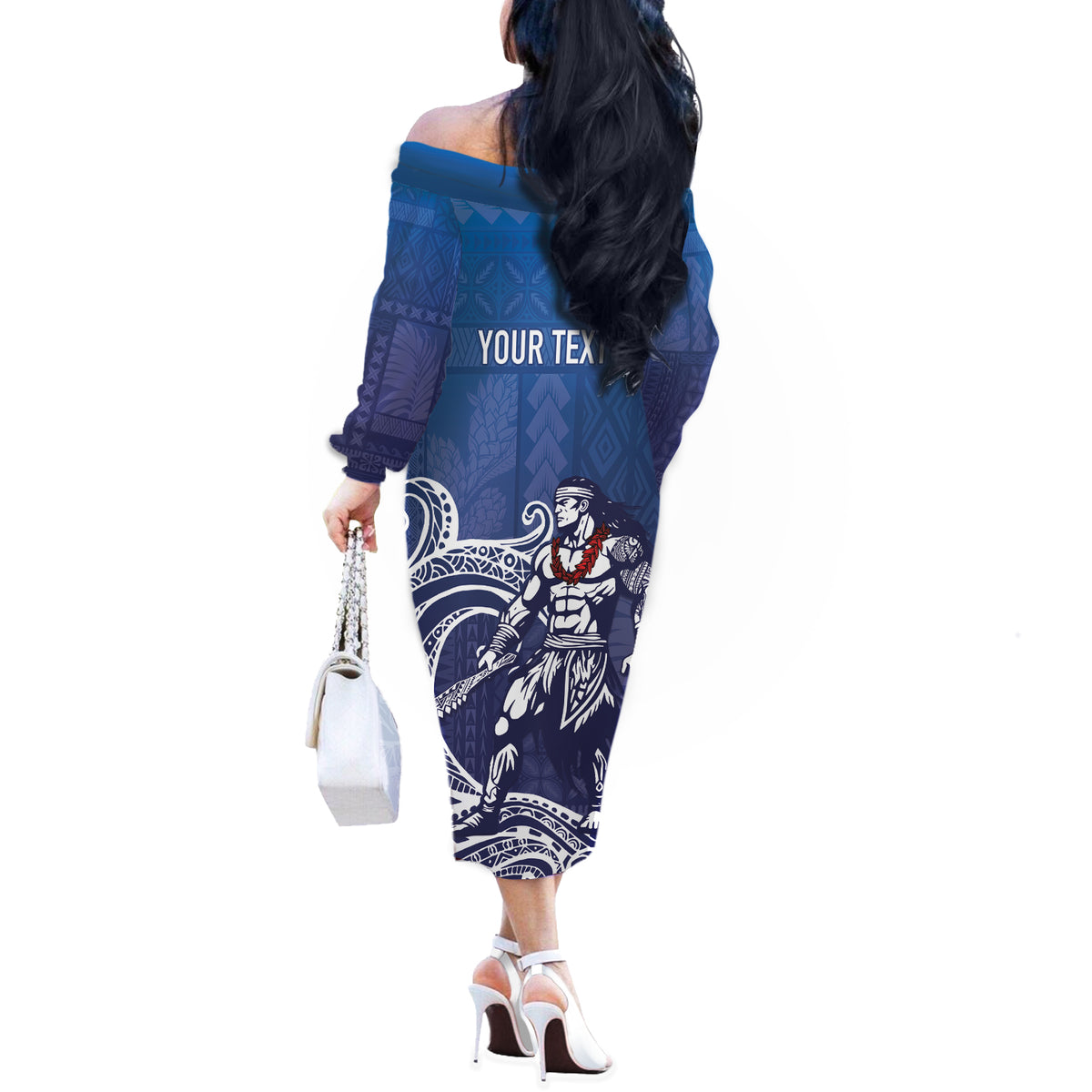 Samoa Manuia le Aso Tuto'atasi Siapo Motif Off The Shoulder Long Sleeve Dress Warrior with Nifo Oti LT7 - Polynesian Pride