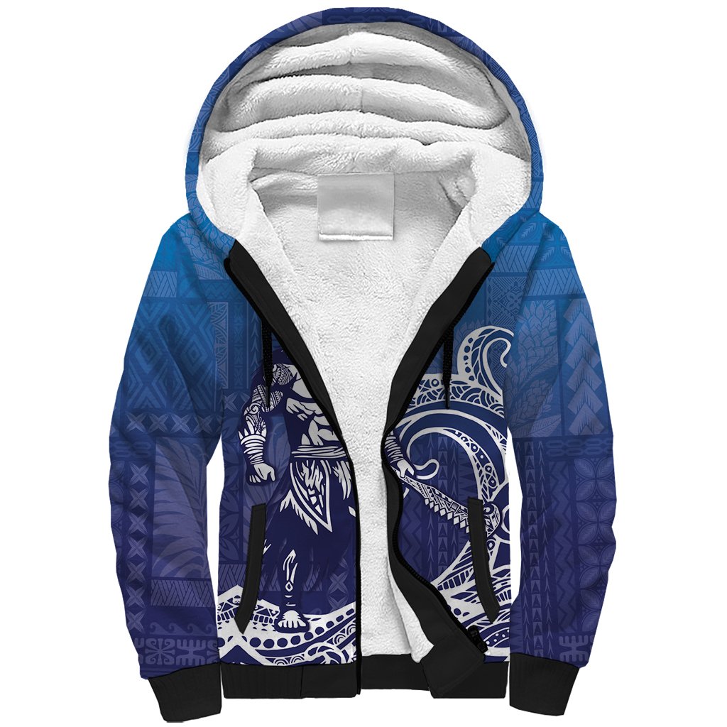 Samoa Manuia le Aso Tuto'atasi Siapo Motif Sherpa Hoodie Warrior with Nifo Oti LT7 Unisex Blue - Polynesian Pride