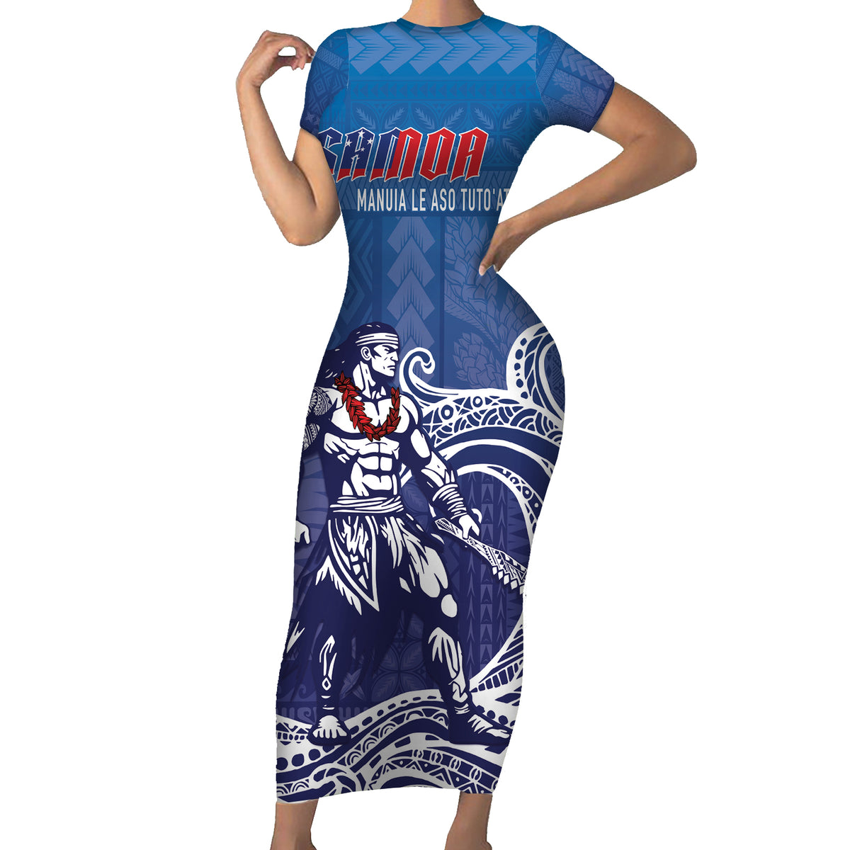 Samoa Manuia le Aso Tuto'atasi Siapo Motif Short Sleeve Bodycon Dress Warrior with Nifo Oti LT7 Long Dress Blue - Polynesian Pride