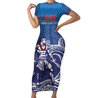 Samoa Manuia le Aso Tuto'atasi Siapo Motif Short Sleeve Bodycon Dress Warrior with Nifo Oti LT7 Long Dress Blue - Polynesian Pride
