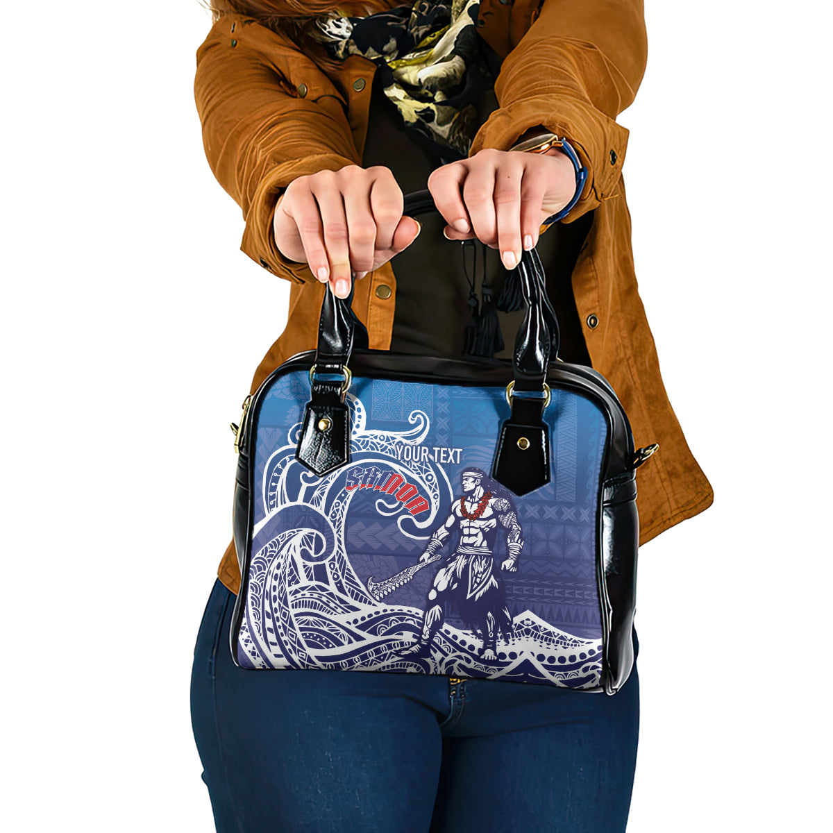 Samoa Manuia le Aso Tuto'atasi Siapo Motif Shoulder Handbag Warrior with Nifo Oti LT7 One Size Blue - Polynesian Pride