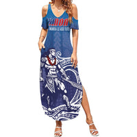 Samoa Manuia le Aso Tuto'atasi Siapo Motif Summer Maxi Dress Warrior with Nifo Oti LT7 Women Blue - Polynesian Pride