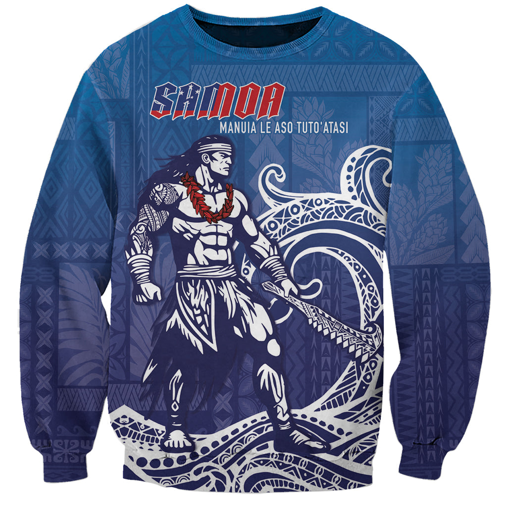 Samoa Manuia le Aso Tuto'atasi Siapo Motif Sweatshirt Warrior with Nifo Oti LT7 Unisex Blue - Polynesian Pride