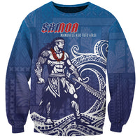 Samoa Manuia le Aso Tuto'atasi Siapo Motif Sweatshirt Warrior with Nifo Oti LT7 Unisex Blue - Polynesian Pride
