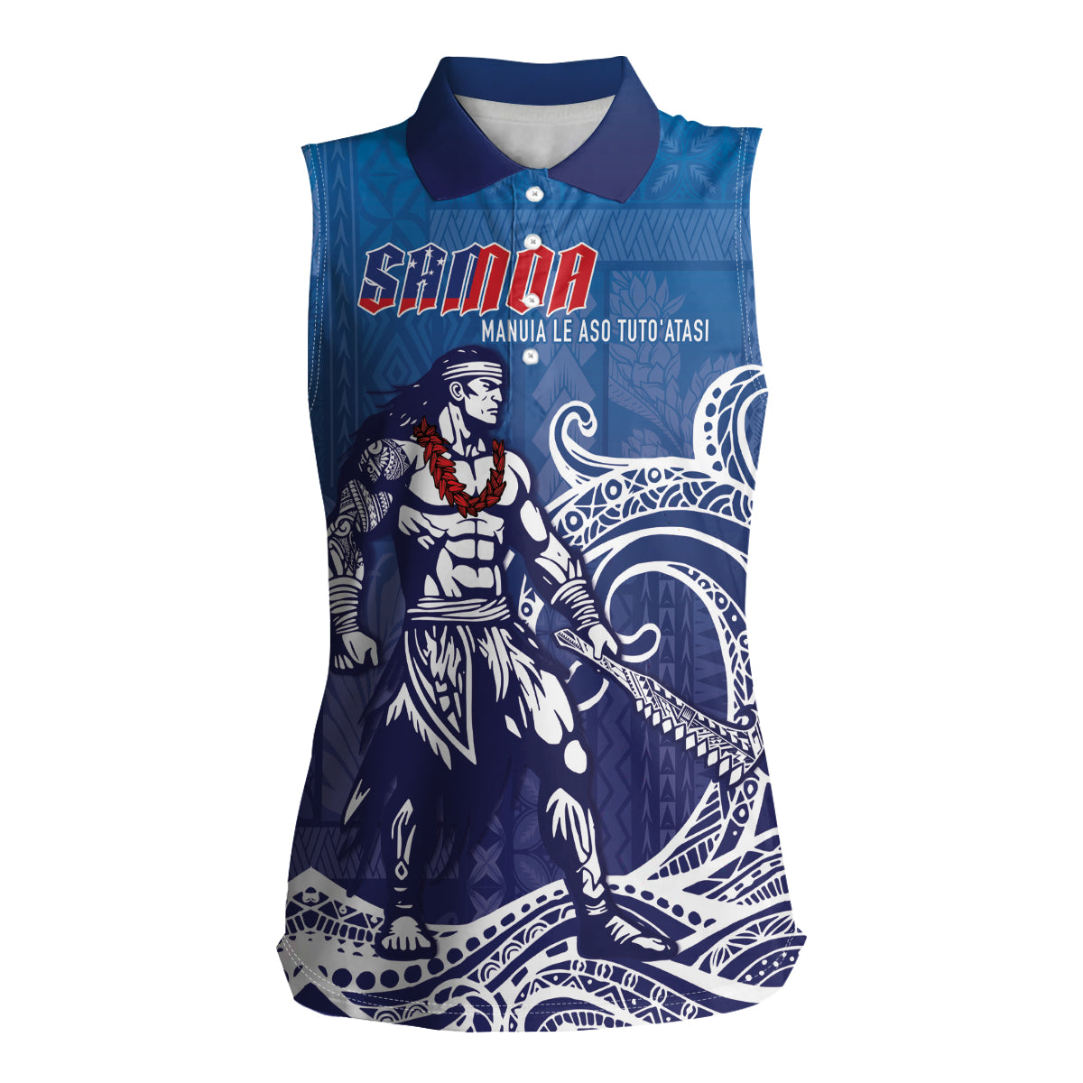 Samoa Manuia le Aso Tuto'atasi Siapo Motif Women Sleeveless Polo Shirt Warrior with Nifo Oti LT7 Female Blue - Polynesian Pride
