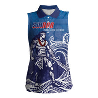 Samoa Manuia le Aso Tuto'atasi Siapo Motif Women Sleeveless Polo Shirt Warrior with Nifo Oti LT7 Female Blue - Polynesian Pride