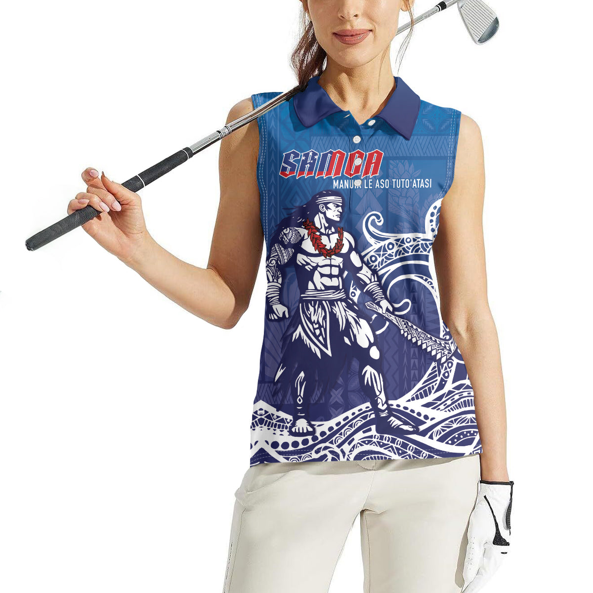 Samoa Manuia le Aso Tuto'atasi Siapo Motif Women Sleeveless Polo Shirt Warrior with Nifo Oti LT7 - Polynesian Pride