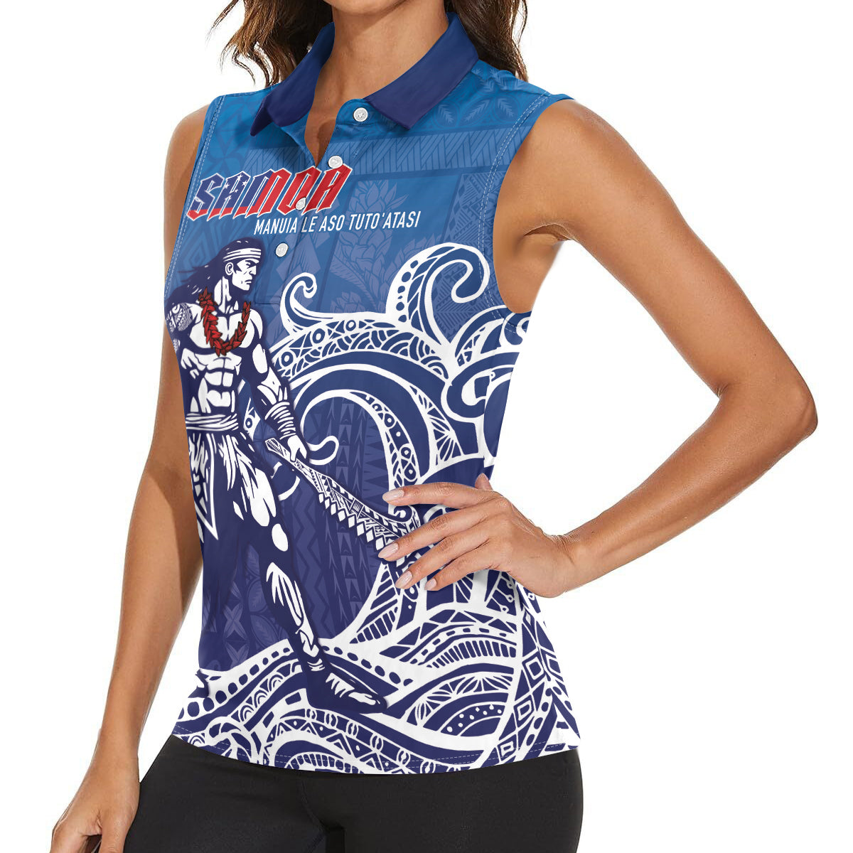 Samoa Manuia le Aso Tuto'atasi Siapo Motif Women Sleeveless Polo Shirt Warrior with Nifo Oti LT7 - Polynesian Pride