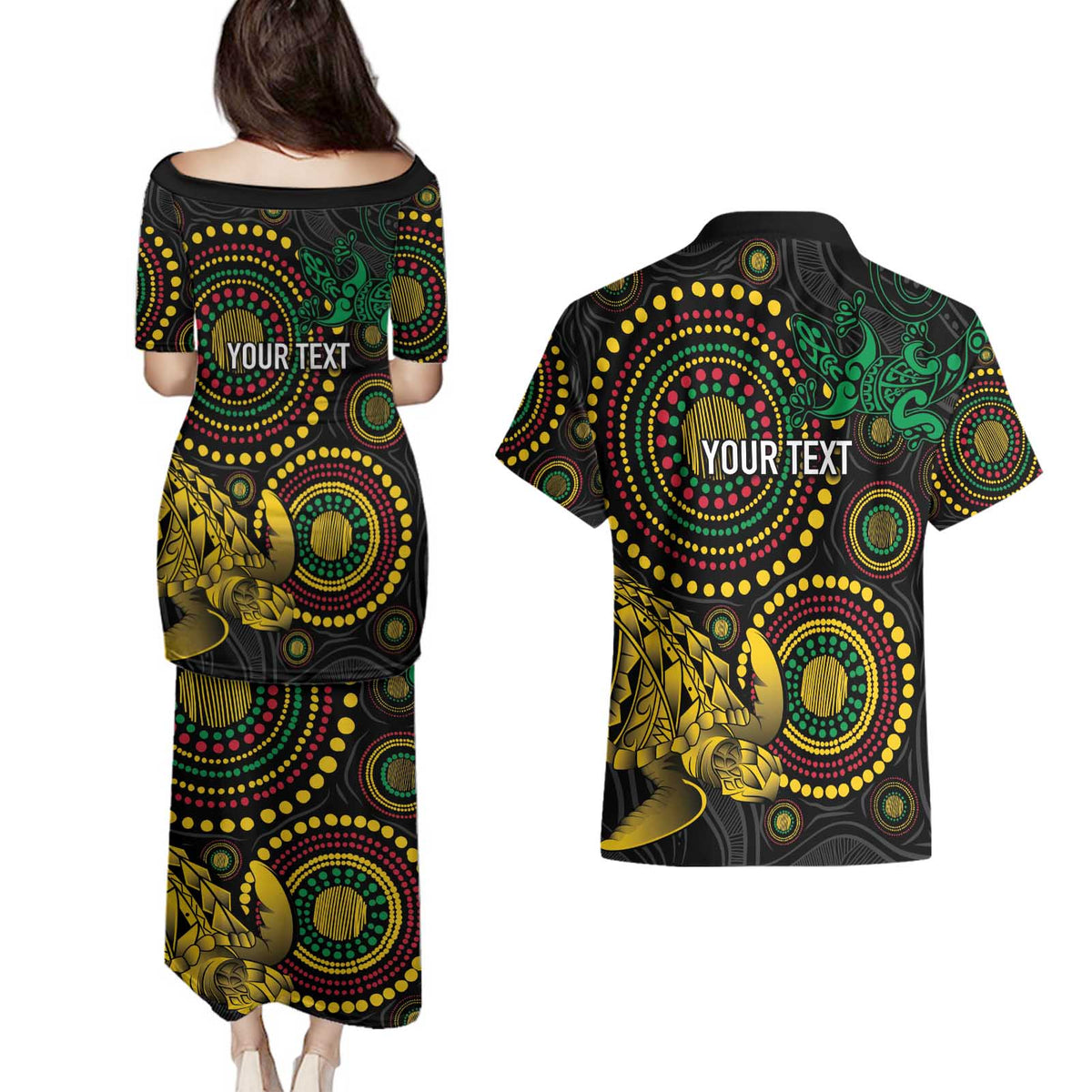 Vanuatu Personalized Aboriginal Arts Couples Matching Puletasi and Hawaiian Shirt Turtle and Iguana Special LT7 - Polynesian Pride