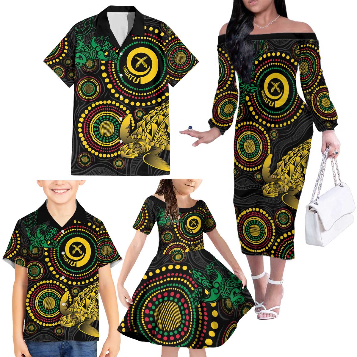 Vanuatu Personalized Aboriginal Arts Family Matching Off The Shoulder Long Sleeve Dress and Hawaiian Shirt Turtle and Iguana Special LT7 - Polynesian Pride