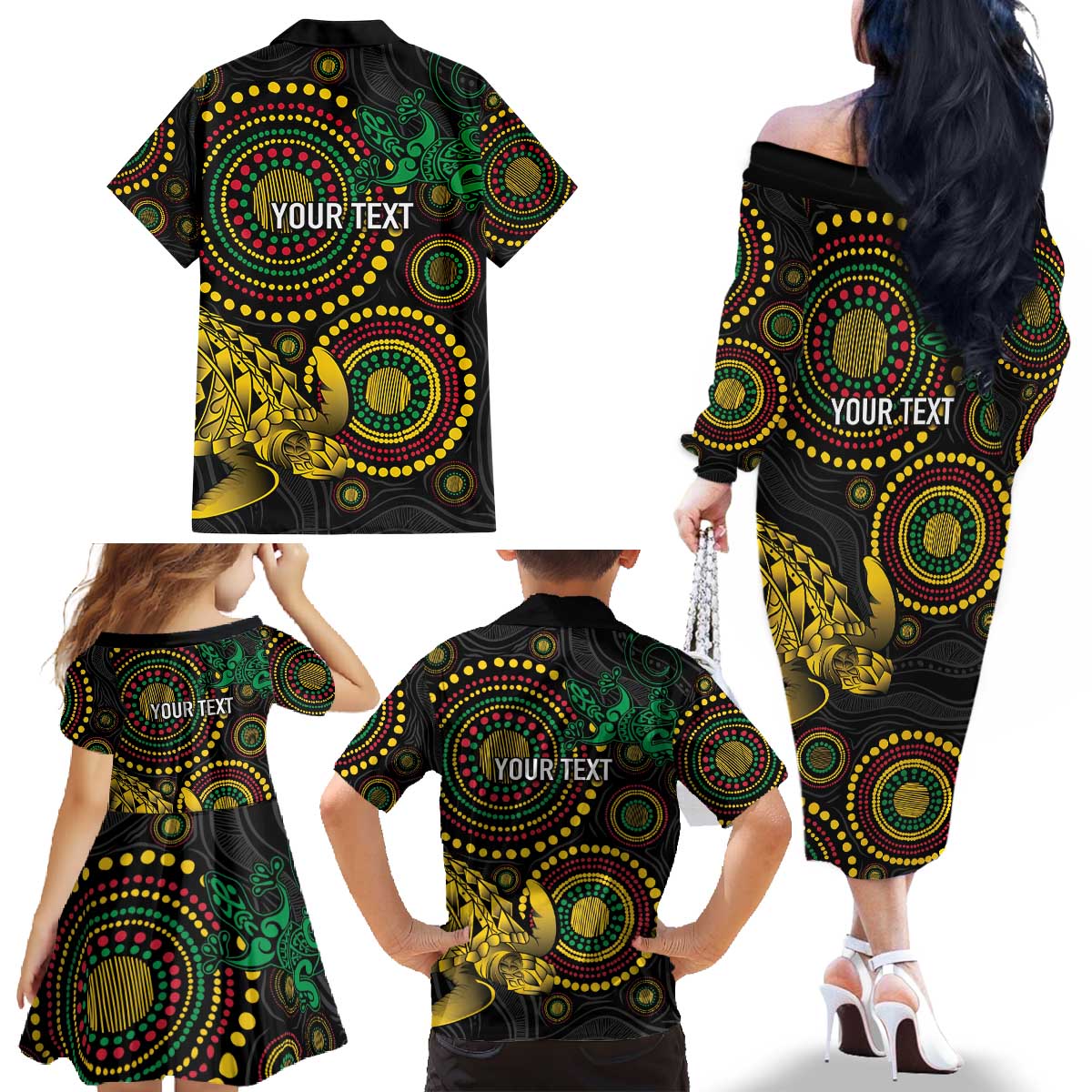 Vanuatu Personalized Aboriginal Arts Family Matching Off The Shoulder Long Sleeve Dress and Hawaiian Shirt Turtle and Iguana Special LT7 - Polynesian Pride