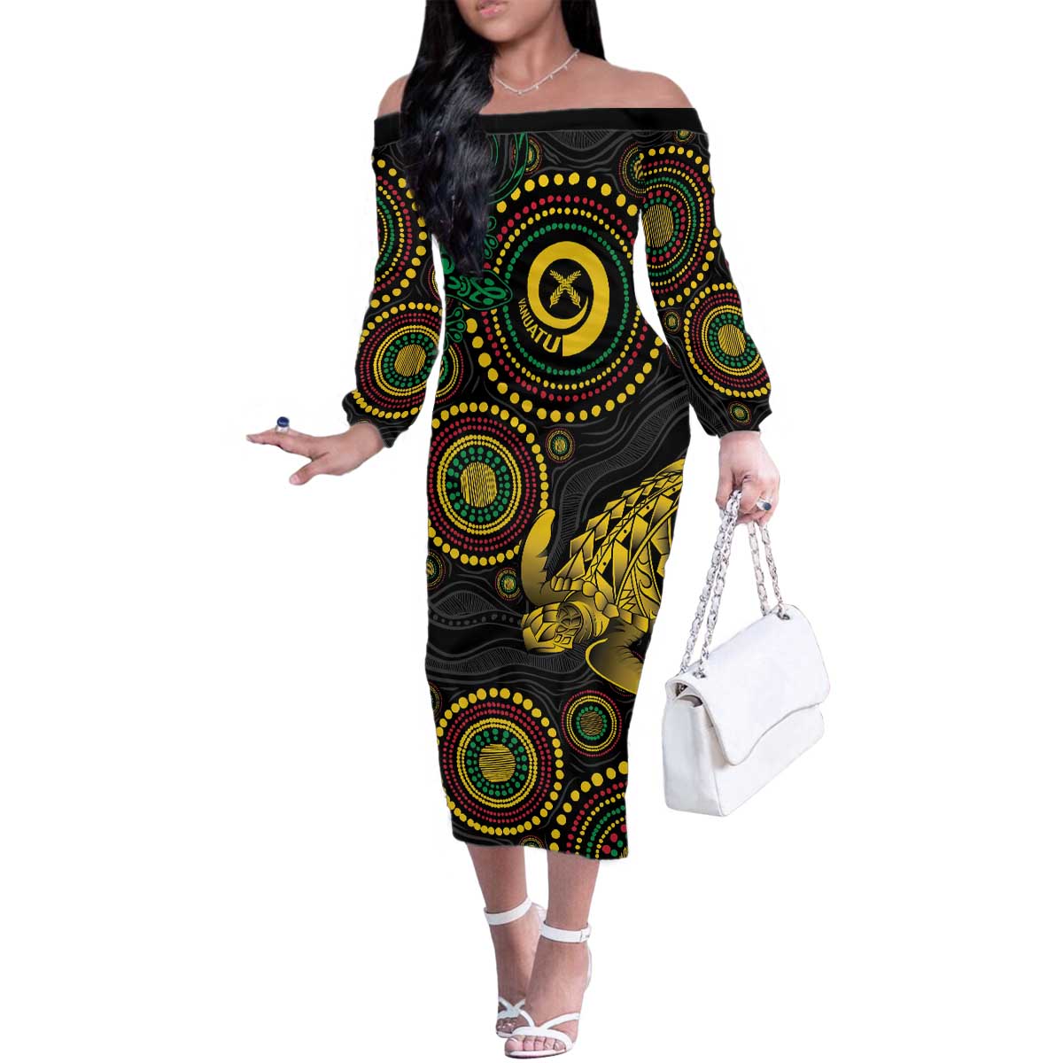 Vanuatu Personalized Aboriginal Arts Family Matching Off The Shoulder Long Sleeve Dress and Hawaiian Shirt Turtle and Iguana Special LT7 Mom's Dress Colorful - Polynesian Pride