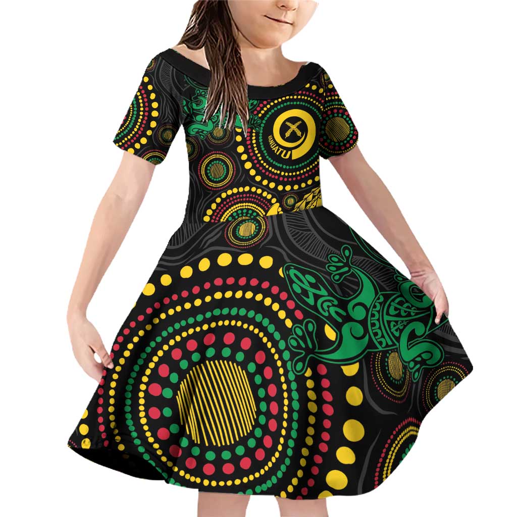 Vanuatu Personalized Aboriginal Arts Family Matching Off Shoulder Short Dress and Hawaiian Shirt Turtle and Iguana Special LT7 Daughter's Dress Colorful - Polynesian Pride