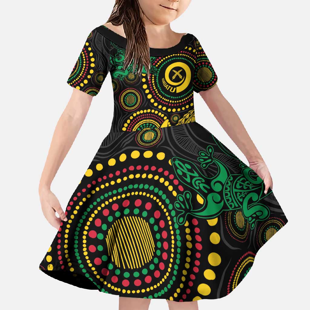 Vanuatu Personalized Aboriginal Arts Family Matching Tank Maxi Dress and Hawaiian Shirt Turtle and Iguana Special LT7 Daughter's Dress Colorful - Polynesian Pride