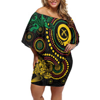 Vanuatu Personalized Aboriginal Arts Off Shoulder Short Dress Turtle and Iguana Special LT7 Women Colorful - Polynesian Pride
