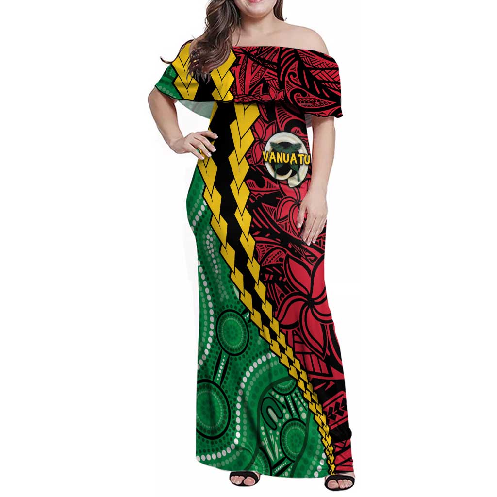 Vanuatu Personalized Tribal Family Matching Off Shoulder Maxi Dress and Hawaiian Shirt Aboriginal Inspired Mix Style LT7 Mom's Dress Colorful - Polynesian Pride