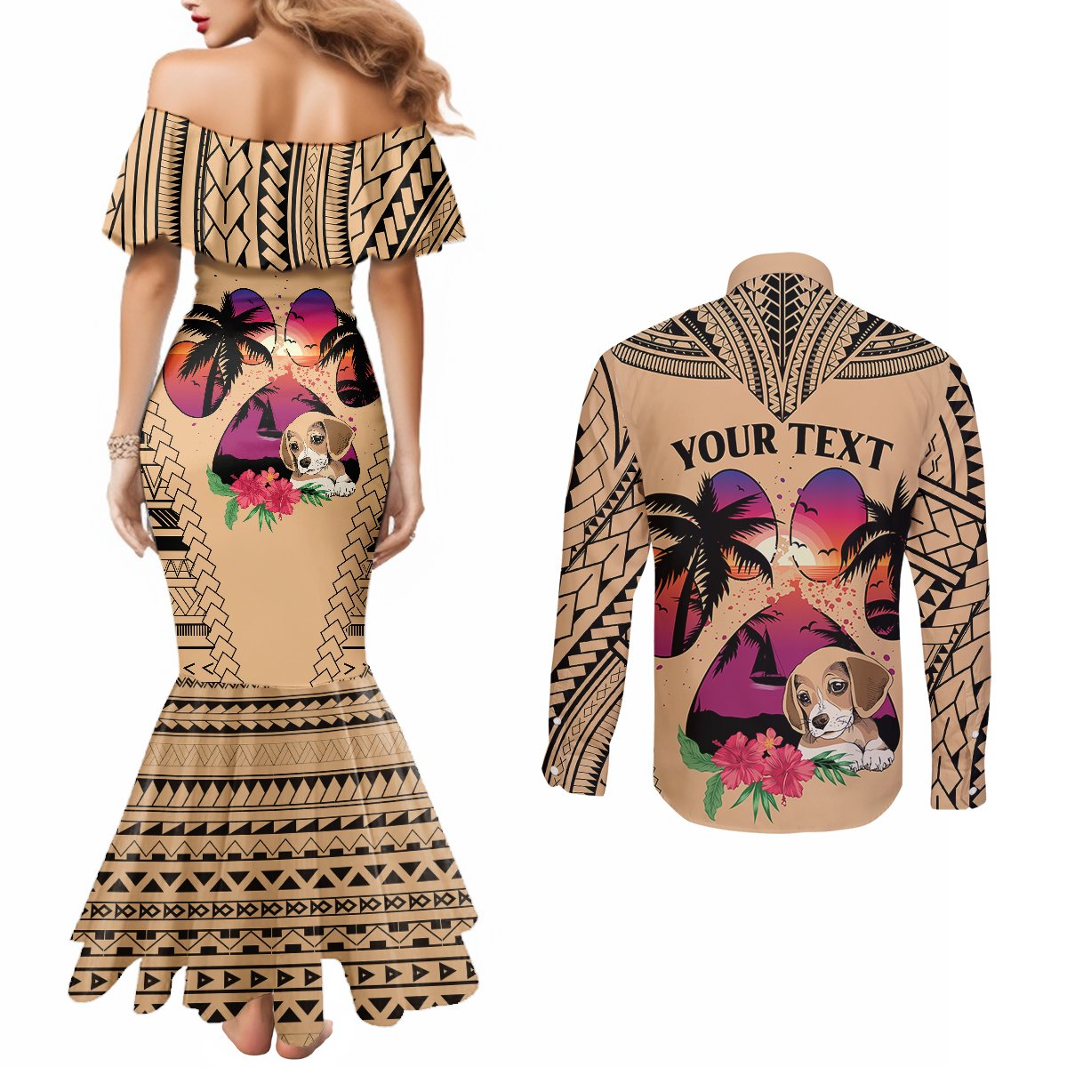 Personalised Polynesian Couples Matching Mermaid Dress and Long Sleeve Button Shirts Dog Lover With Beagle - Sunset At The Beach LT7 - Polynesian Pride