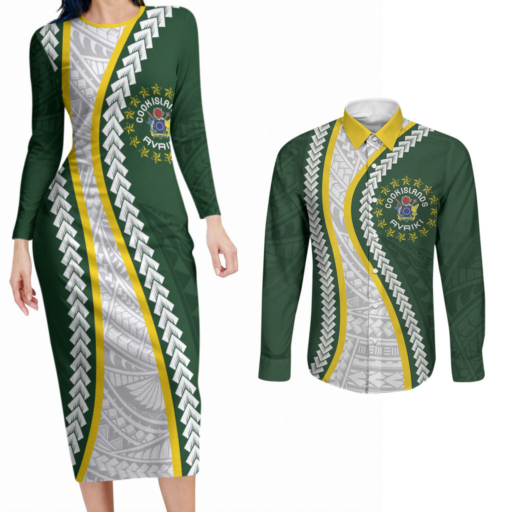 Cook Islands Rugby Personalized Avaiki Couples Matching Long Sleeve Bodycon Dress and Long Sleeve Button Shirt GO Kuki LT7 Green - Polynesian Pride