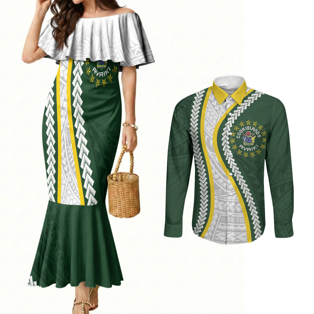 Cook Islands Rugby Personalized Avaiki Couples Matching Mermaid Dress and Long Sleeve Button Shirt GO Kuki LT7 Green - Polynesian Pride