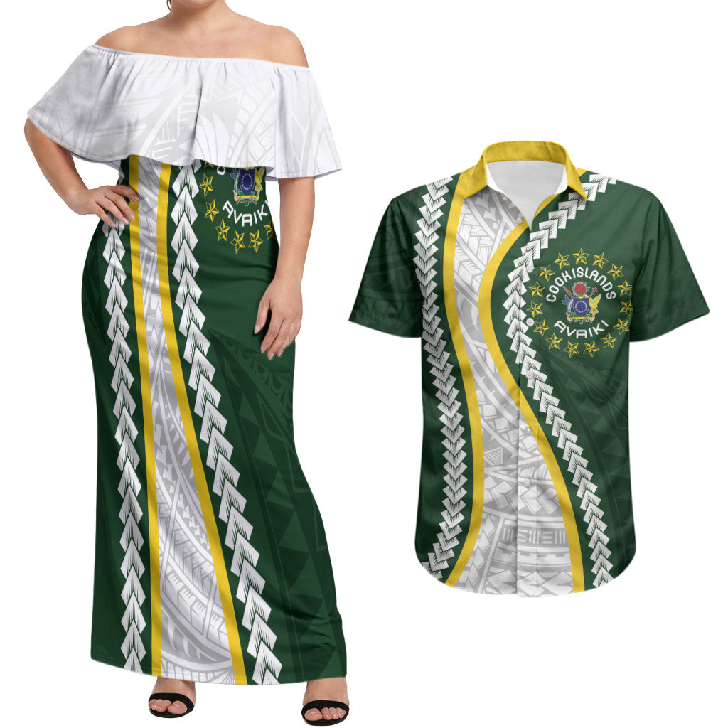 Cook Islands Rugby Personalized Avaiki Couples Matching Off Shoulder Maxi Dress and Hawaiian Shirt GO Kuki LT7 Green - Polynesian Pride