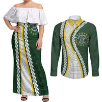Cook Islands Rugby Personalized Avaiki Couples Matching Off Shoulder Maxi Dress and Long Sleeve Button Shirt GO Kuki LT7 Green - Polynesian Pride