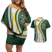 Cook Islands Rugby Personalized Avaiki Couples Matching Off Shoulder Short Dress and Hawaiian Shirt GO Kuki LT7 Green - Polynesian Pride