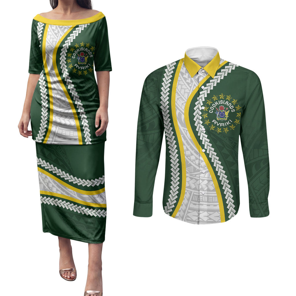 Cook Islands Rugby Personalized Avaiki Couples Matching Puletasi and Long Sleeve Button Shirt GO Kuki LT7 Green - Polynesian Pride