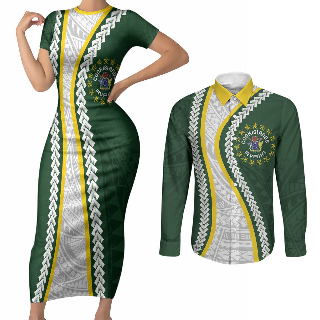 Cook Islands Rugby Personalized Avaiki Couples Matching Short Sleeve Bodycon Dress and Long Sleeve Button Shirt GO Kuki LT7 Green - Polynesian Pride