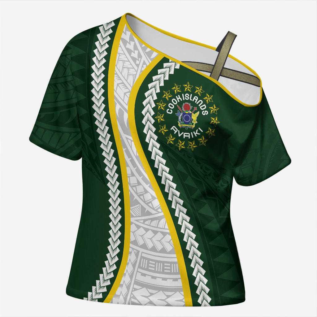 Cook Islands Rugby Personalized Avaiki Cross Shoulder Shirt GO Kuki LT7 Female Green - Polynesian Pride