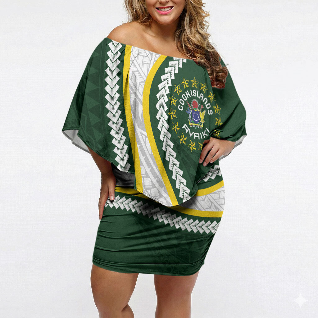 Cook Islands Rugby Personalized Avaiki Off Shoulder Short Dress GO Kuki LT7 Women Green - Polynesian Pride