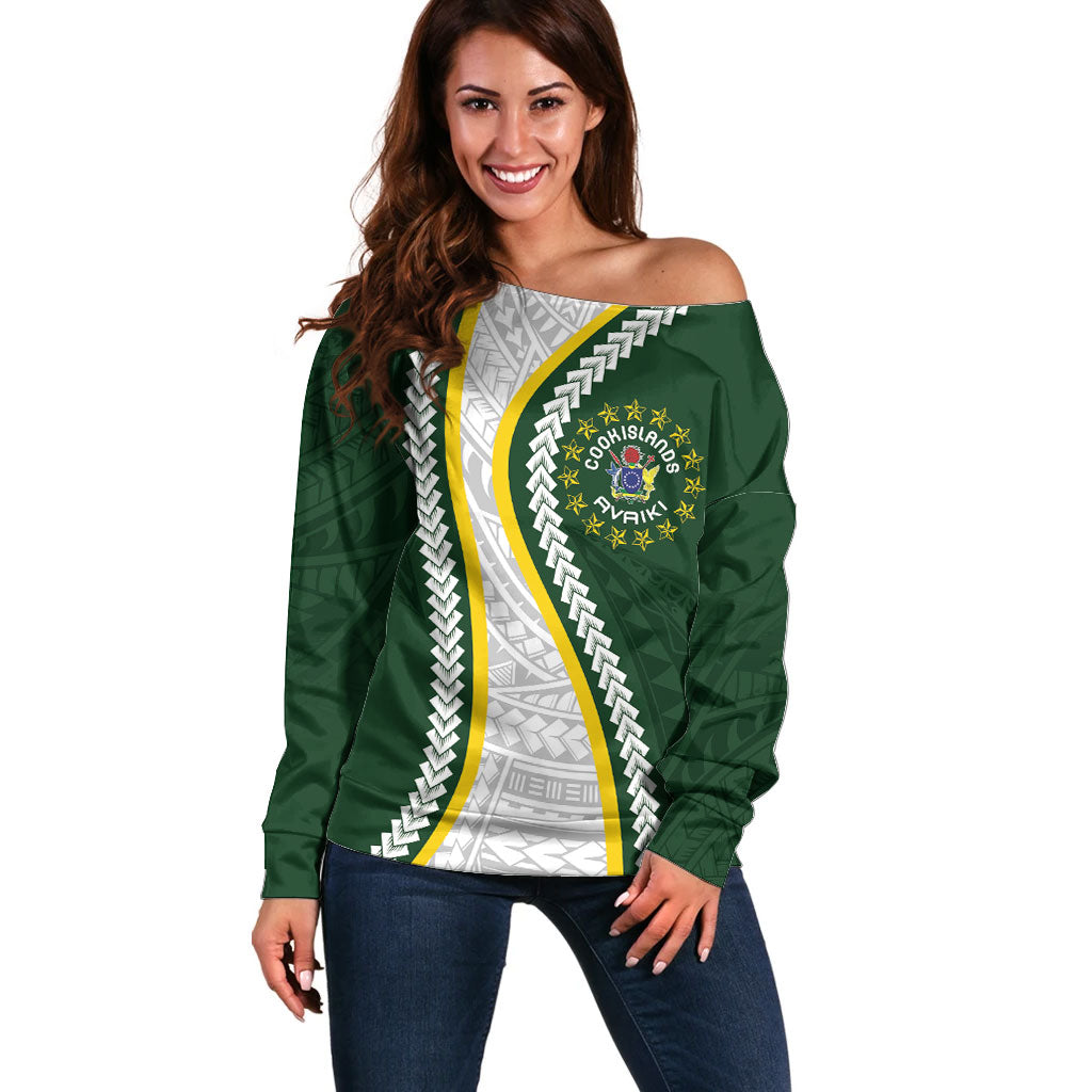 Cook Islands Rugby Personalized Avaiki Off Shoulder Sweater GO Kuki LT7 Women Green - Polynesian Pride