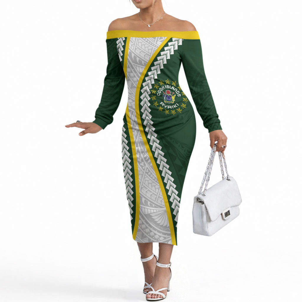 Cook Islands Rugby Personalized Avaiki Off The Shoulder Long Sleeve Dress GO Kuki LT7 Women Green - Polynesian Pride
