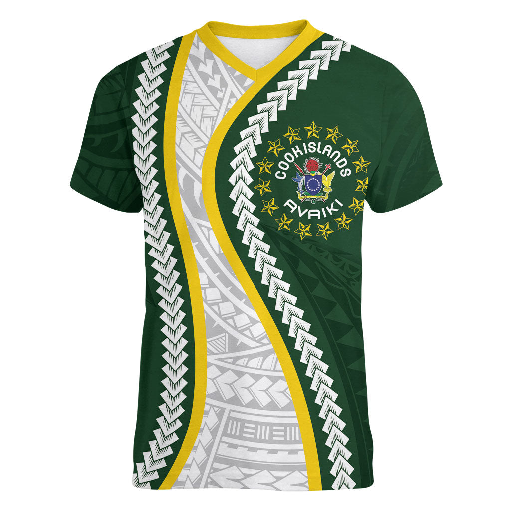 Cook Islands Rugby Personalized Avaiki Women V-Neck T-Shirt GO Kuki LT7 Female Green - Polynesian Pride
