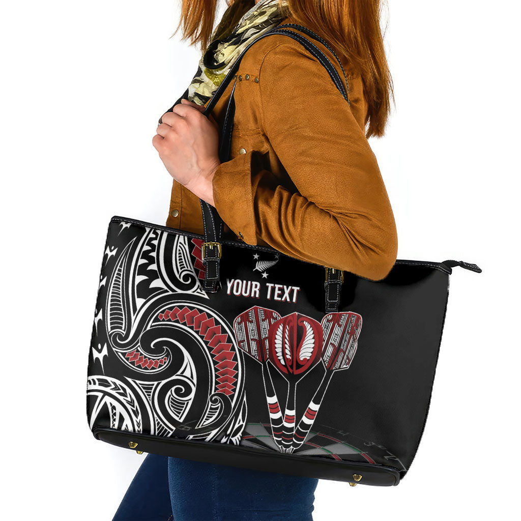 New Zealand Darts Personalized Hei Manaia Leather Tote Bag Classic Kowhaiwhai LT7 Black - Polynesian Pride