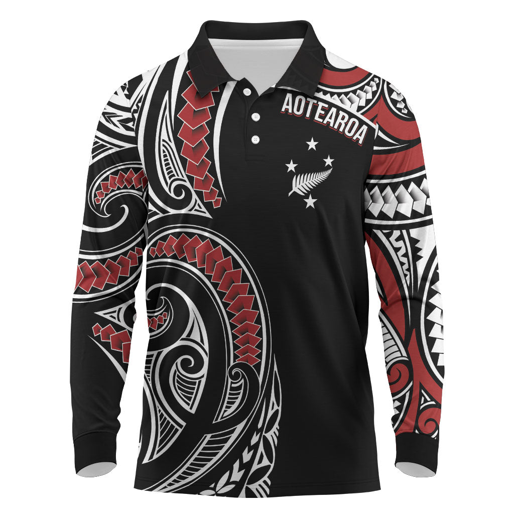New Zealand Darts Personalized Hei Manaia Long Sleeve Polo Shirt Classic Kowhaiwhai LT7 Black - Polynesian Pride