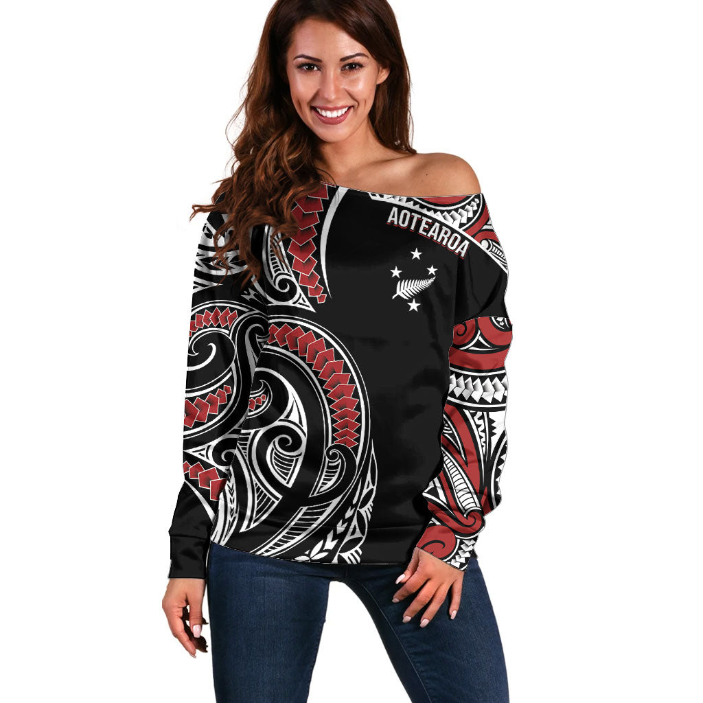 New Zealand Darts Personalized Hei Manaia Off Shoulder Sweater Classic Kowhaiwhai LT7 Women Black - Polynesian Pride