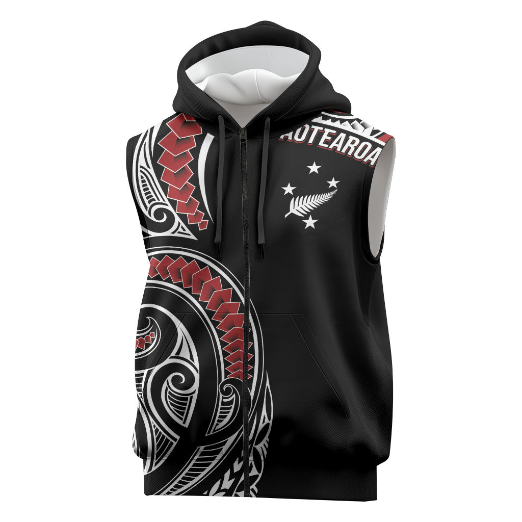 New Zealand Darts Personalized Hei Manaia Sleeveless Zip Hoodie Classic Kowhaiwhai LT7 Black - Polynesian Pride