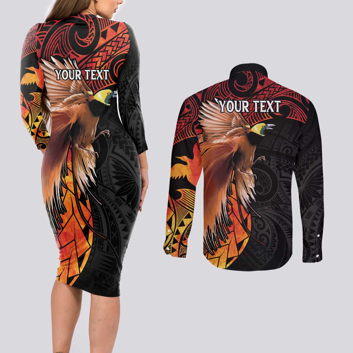 Papua New Guinea Personalised Couples Matching Long Sleeve Bodycon Dress and Long Sleeve Button Shirt Grunge Style 49th Independence Anni LT7 - Polynesian Pride
