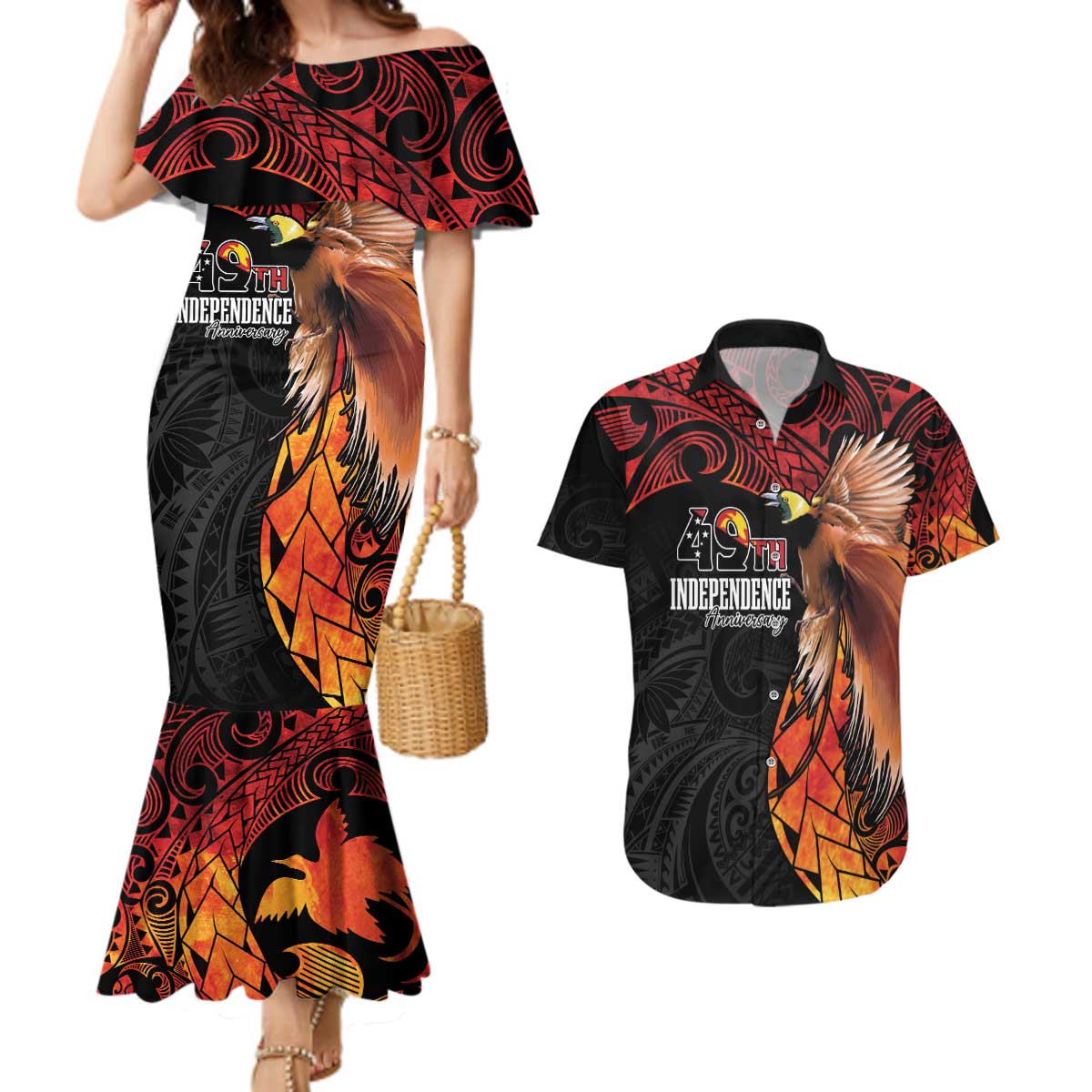 Papua New Guinea Personalised Couples Matching Mermaid Dress and Hawaiian Shirt Grunge Style 49th Independence Anni LT7 Black Red - Polynesian Pride