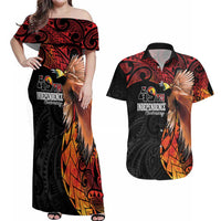 Papua New Guinea Personalised Couples Matching Off Shoulder Maxi Dress and Hawaiian Shirt Grunge Style 49th Independence Anni LT7 Black Red - Polynesian Pride