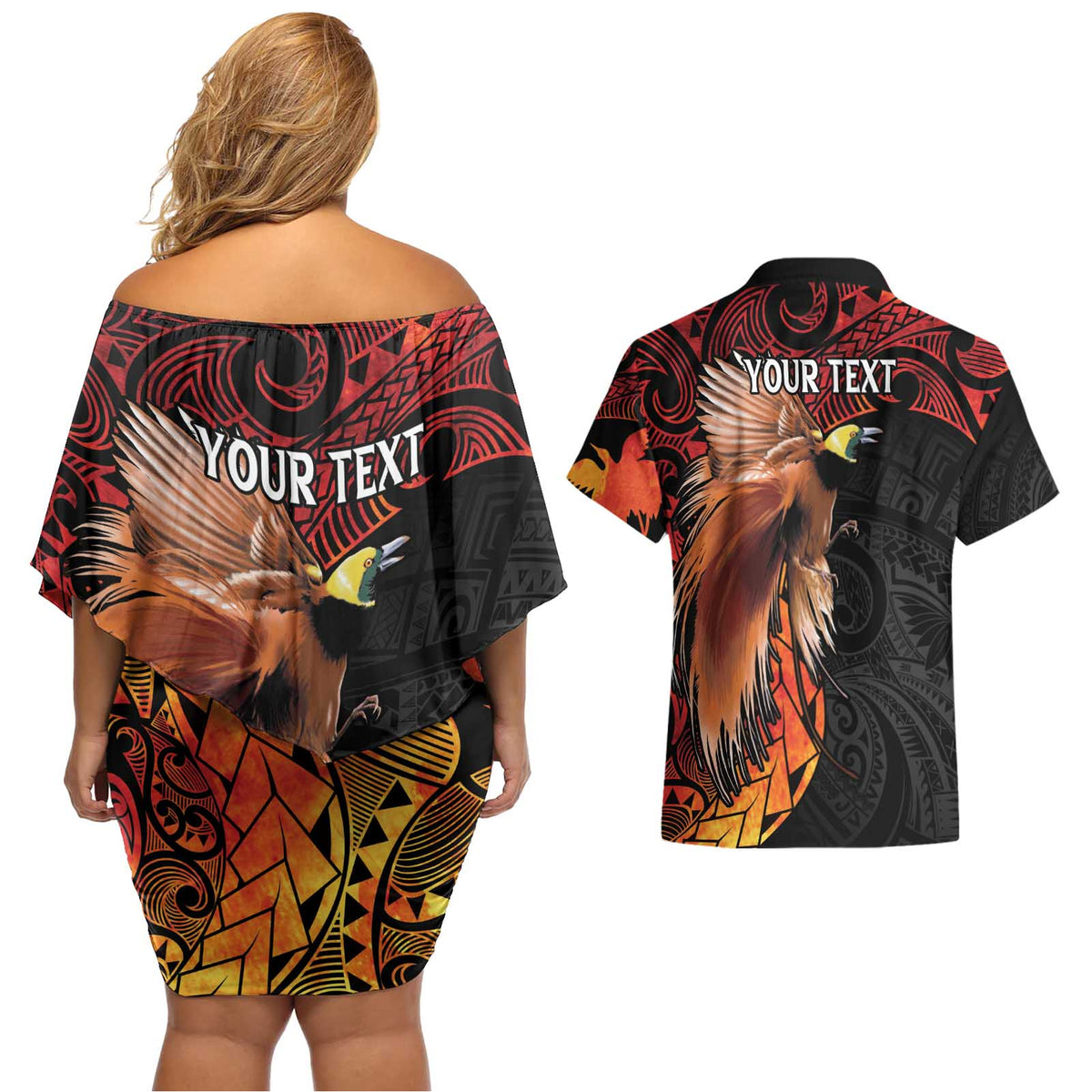 Papua New Guinea Personalised Couples Matching Off Shoulder Short Dress and Hawaiian Shirt Grunge Style 49th Independence Anni LT7 - Polynesian Pride