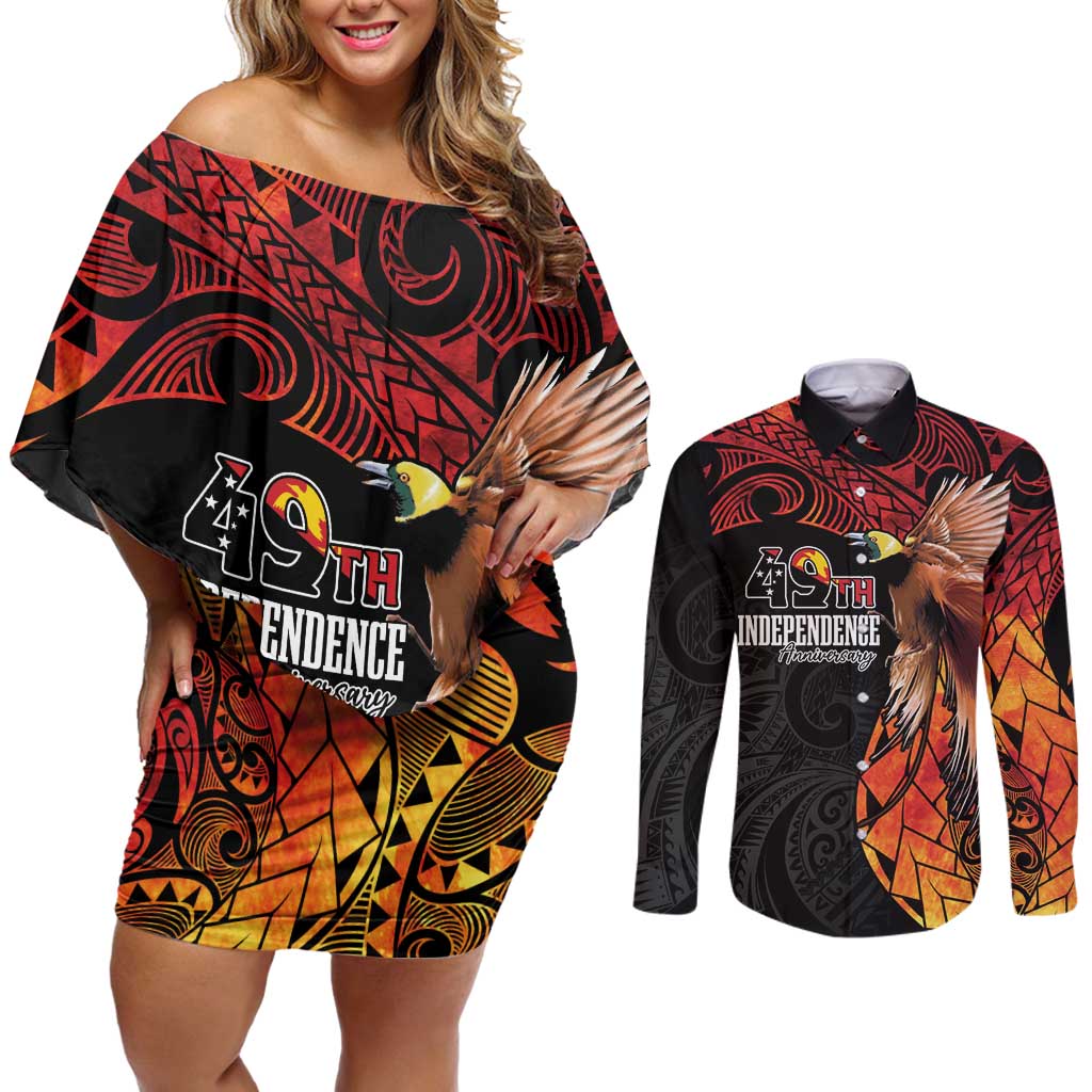 Papua New Guinea Personalised Couples Matching Off Shoulder Short Dress and Long Sleeve Button Shirt Grunge Style 49th Independence Anni LT7 Black Red - Polynesian Pride