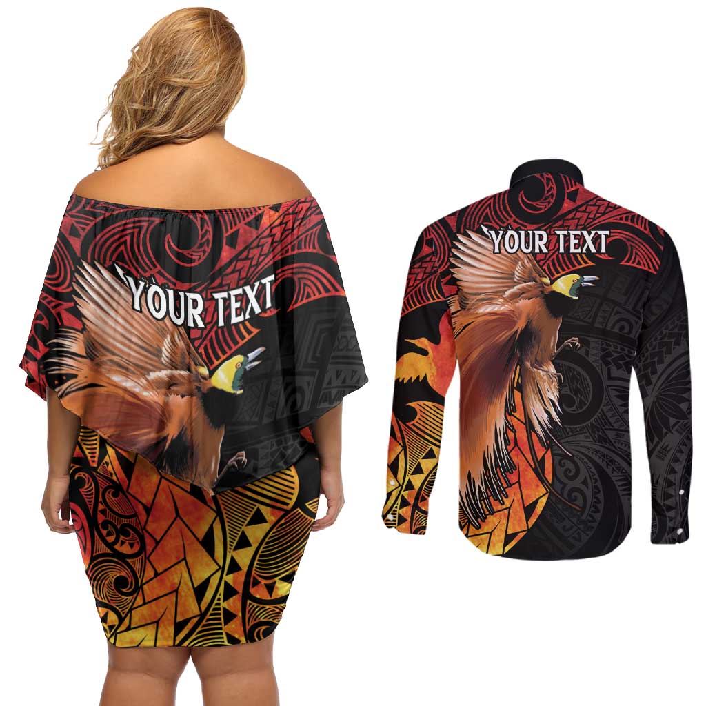 Papua New Guinea Personalised Couples Matching Off Shoulder Short Dress and Long Sleeve Button Shirt Grunge Style 49th Independence Anni LT7 - Polynesian Pride