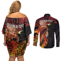 Papua New Guinea Personalised Couples Matching Off Shoulder Short Dress and Long Sleeve Button Shirt Grunge Style 49th Independence Anni LT7 - Polynesian Pride