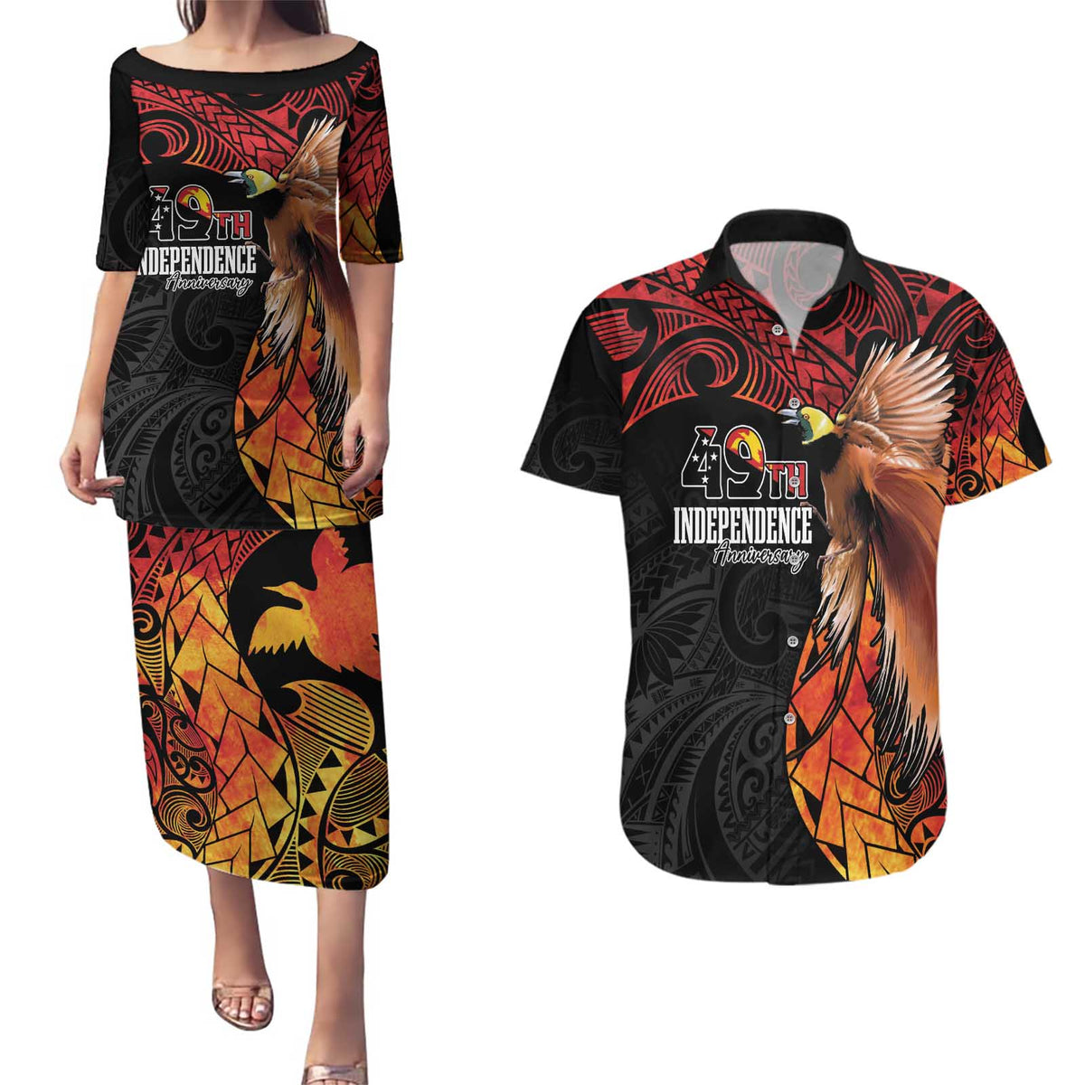 Papua New Guinea Personalised Couples Matching Puletasi and Hawaiian Shirt Grunge Style 49th Independence Anni LT7 Black Red - Polynesian Pride