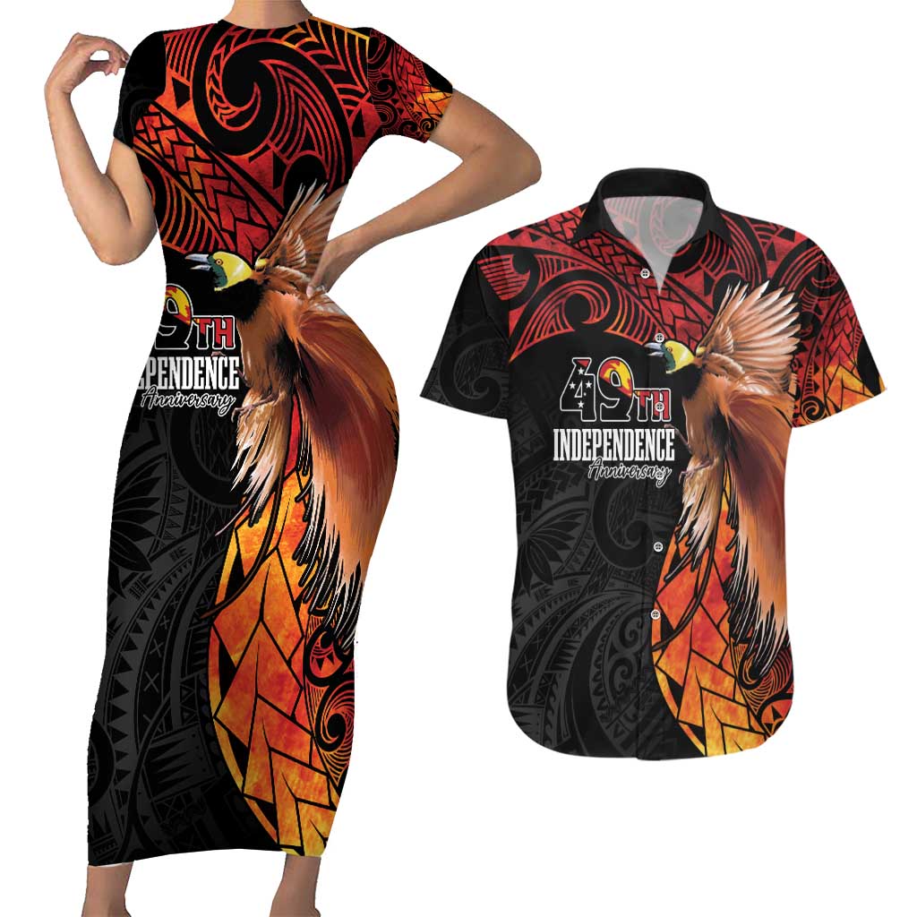 Papua New Guinea Personalised Couples Matching Short Sleeve Bodycon Dress and Hawaiian Shirt Grunge Style 49th Independence Anni LT7 Black Red - Polynesian Pride